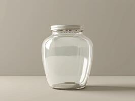 A clear jar with a lid sitting on a table photo