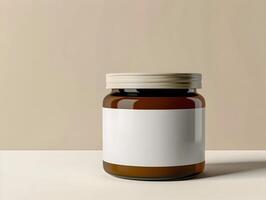 A jar of honey on a table with a blank label photo