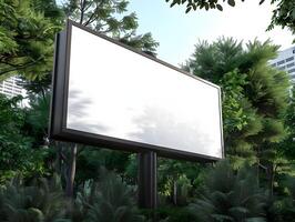 An empty billboard in the middle of a lush green forest photo