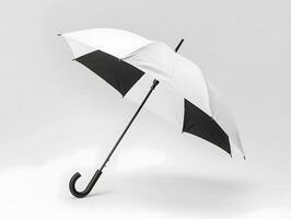 A white and black umbrella with a black handle photo