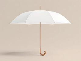 A white umbrella with wooden handle on a beige background photo