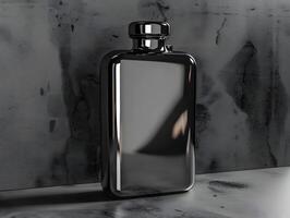 A black and silver flask sitting on a table photo