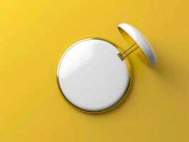 A white button with a gold ring on a yellow background photo
