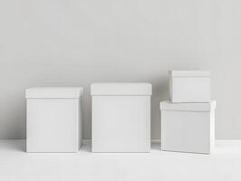Three white boxes on a white surface photo