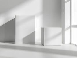 White boxes in an empty room with sunlight photo