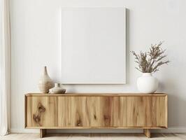 Mock up of a blank canvas on a wooden sideboard in a white room 3d rendering photo