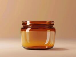 A glass jar with a brown lid on a beige background photo