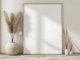 A blank white frame in a room with a vase of pampas grass photo