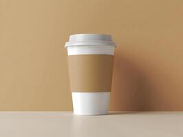 A coffee cup on a table with a brown background photo