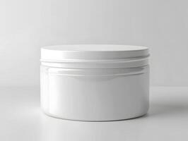 White jar with lid on a table photo
