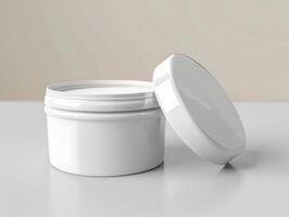White jar with lid on a table photo