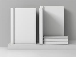 Three blank books on a shelf with a white background photo