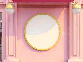 A pink building with a round white frame photo