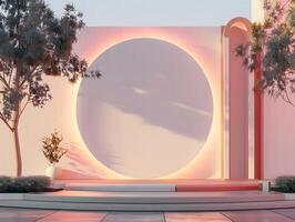 A large circular light is on a wall in front of a tree photo