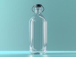 A clear glass bottle with a metal handle on a blue background photo