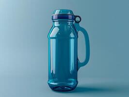 A blue water bottle with a handle on a blue background photo