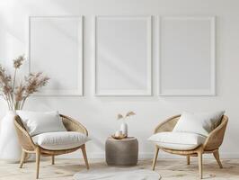 Two wicker chairs and a vase on a wooden floor in front of a white wall photo