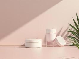Three white cosmetic containers on a pink surface photo