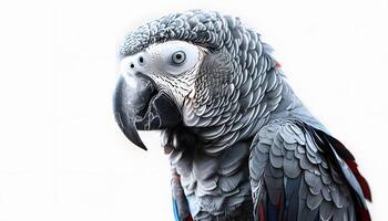 A close up of a parrot with a white background photo