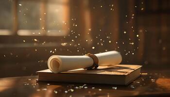 An old scroll with a book on top of it photo