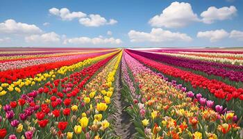 A field of tulips with a blue sky in the background photo