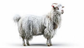 A goat with long hair standing on a white background photo
