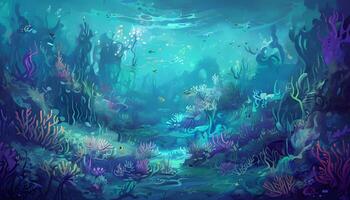 An underwater scene with coral reefs and fish photo