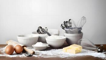 Kitchen utensils on a table with flour and eggs photo