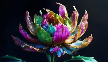 A colorful flower is shown in a dark room photo