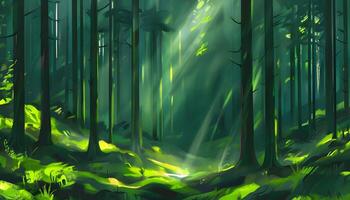 A painting of a forest with sunlight shining through the trees photo