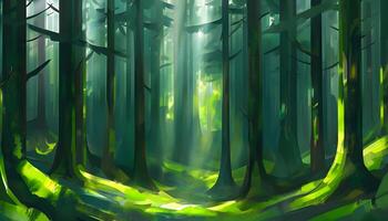A painting of a forest with sunlight shining through the trees photo