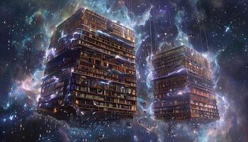 Two buildings in space with stars and clouds photo