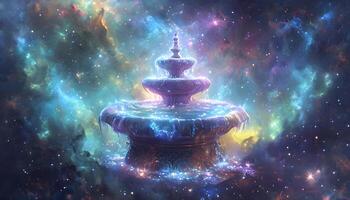 An artistic painting of a fountain in space photo