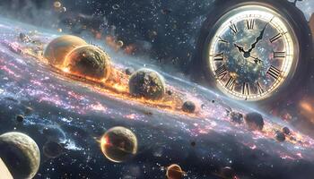 An image of a clock and planets in space photo