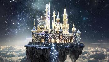 A castle floating in the sky with a light coming from it photo