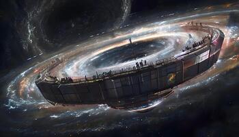 A futuristic space station with a circular ring around it photo