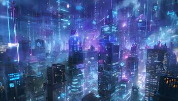 A futuristic city with neon lights and skyscrapers photo