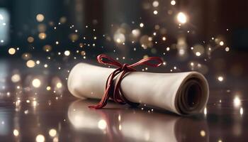 A diploma is wrapped in a red ribbon and lit with sparkling lights photo