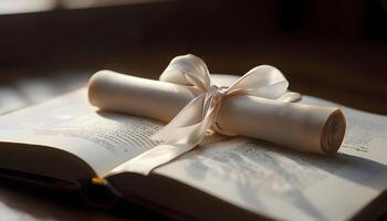 A scroll wrapped around an open book with a bow photo