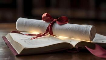 A rolled up scroll with a ribbon tied around it photo