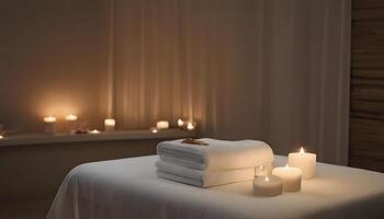 A massage table with candles and towels photo