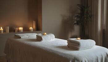 A massage table with candles and towels photo
