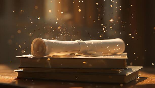 A scroll and books on a table with sparkles photo
