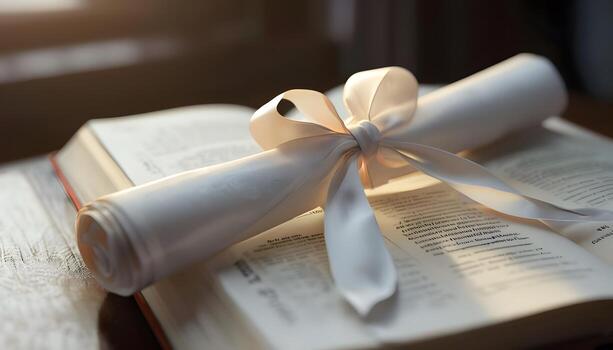 A scroll wrapped around an open book with a bow photo