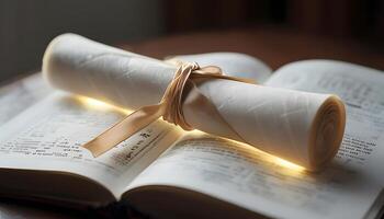 A scroll with a ribbon tied to it is sitting on top of an open book photo