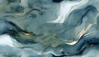 Abstract watercolor painting with gold and blue waves photo