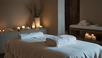 A massage table with candles and towels photo