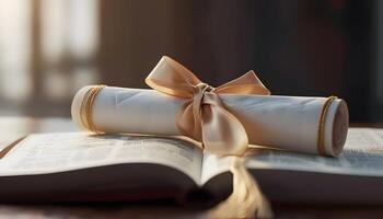 A scroll with a ribbon tied to it is sitting on top of an open book photo