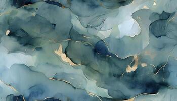 Blue and gold abstract painting with watercolor effect photo