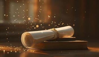 A scroll and a book on a table with a light shining on it photo
